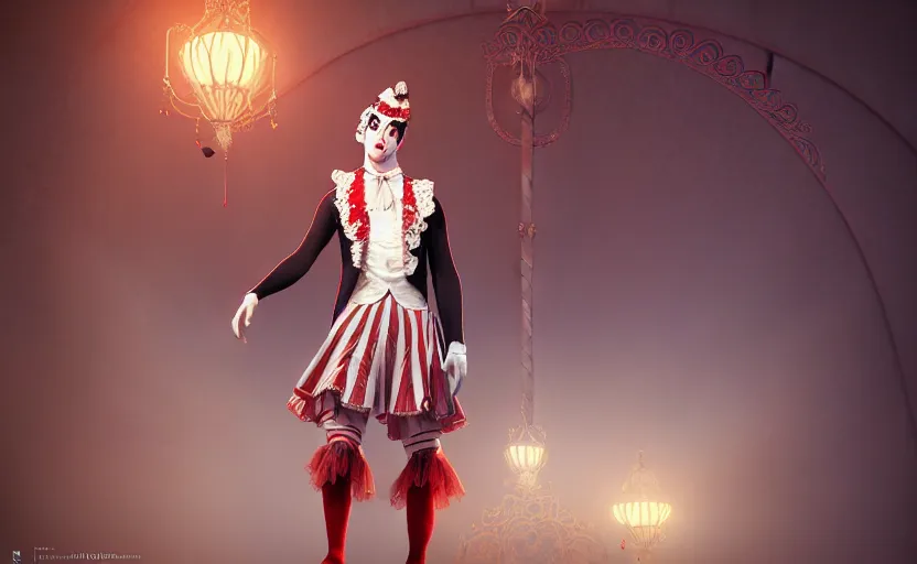 Image similar to award winning art of a attractive male pierrot, performing at a magnificent circus, beautiful circus themed background, trending artstation, digital art, aesthetic, bloom, intricate, elegant, sharp focus, digital illustration, highly detailed, octane render, digital painting, concept art, fantasy carnival, masterpiece