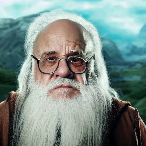 Prompt: movie still of danny devito starring as gandalf the white in the 2 0 2 4 lord of the rings movie, full body, hyper realistic, high quality