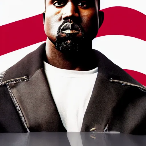 Image similar to Depiction of Kanye West as a Russian President, Russian flag on the background, happy Kanye, extremely detailed eyes, fantastic details, full face, mouth, trending on artstation, pixiv, cgsociety, hyperdetailed, Unreal Engine, 4k, 8k ultra HD, Stanley Artgerm Lau, Ross draws, James Jean Marc Simonetti Ruan Jia, Mandy Jurgens, Artgerm and William-Adolphe Burger Sakimichan