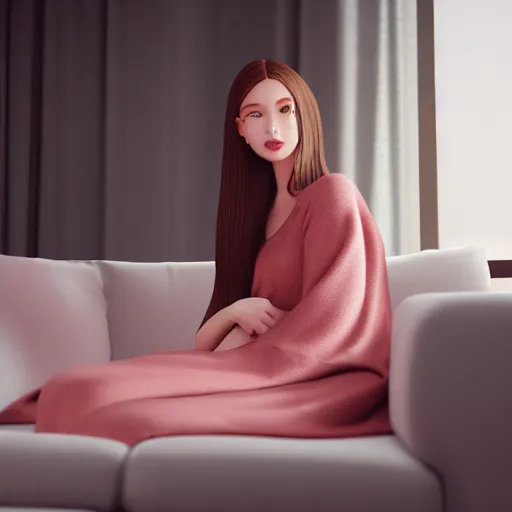 Prompt: 3 d render of a cute thin young woman, red blush, wearing casual clothes, small smile, relaxing on a couch, cuddling up under a blanket cozy living room, medium shot, 8 k, octane render, trending on artstation, unreal engine 5, hyperrealism