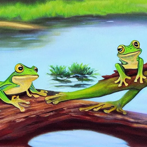 Prompt: Two frogs sitting on a log in a pond, the sun is setting. Oil painting