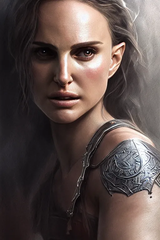 Image similar to portrait, natalie portman, battle warrior, lord of the rings, tattoos, decorative ornaments, greg rutkowski, perfect face, fine details, realistic shading, photorealism