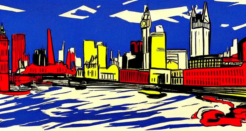 Image similar to color sketch of the london skyline, highly detailed, dramatic lighting, intense shadows, rich deep colours, by roy lichtenstein