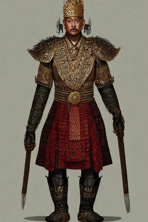 Prompt: full body portrait of king ramkamhaeng the great, leather armor, tai ethnic group, highly detailed, digital painting, watercolor, artstation, concept art, smooth, sharp focus, illustration, art by jakrapan posayakrit