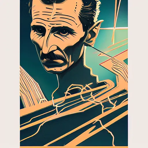 Prompt: majestic futuristic visionary inventor nikola tesla tarot crad by sachin teng, artgerm, darius zawadzki, masterpiece, organic painting, matte painting, technical geometrical drawing shapes, lightning electricity coil, hard edges, graffiti, screen printing poster art by sachin teng, artstation trending