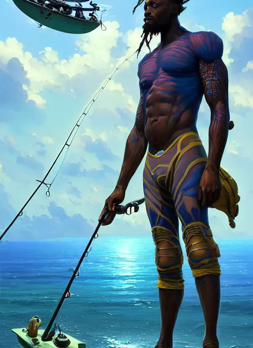 Prompt: portrait of a jamaican fisherman sci - fi fishing armor muscular cyberjamaicanpunk intricate elegant highly detailed digital painting artstation concept art, greg rutkowski, loish, rhads, ferdinand knab, makoto shinkai and lois van baarle, ilya kuvshinov, rossdraws, tom bagshaw