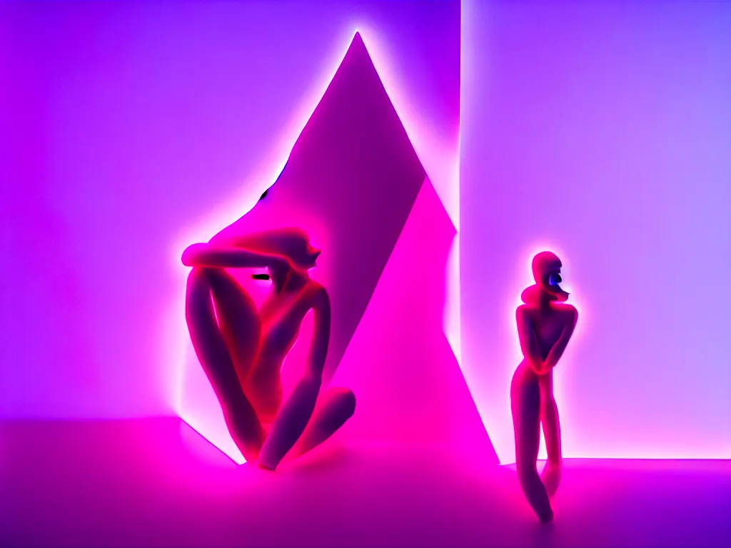 Image similar to beautiful mannequin sculpted out of amethyst by billelis + lit with 3 d geometric neon + facing a doorway opening with neon pink geometric fractal light + city of los angeles + moon in background!, rule of thirds, clean linework, dramatic, award winning, 4 k, trending on artstation, photorealistic, volumetric lighting, octane render