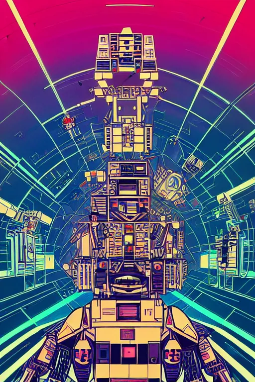 Image similar to drawing of an 8 0 s art deco international space station filled with electronic equipment, japanese gundam mech, robots, led screens, droids, a detailed comic panel by kilian eng, moebius, featured on deviantart, psychedelic art, psychedelic, dmt