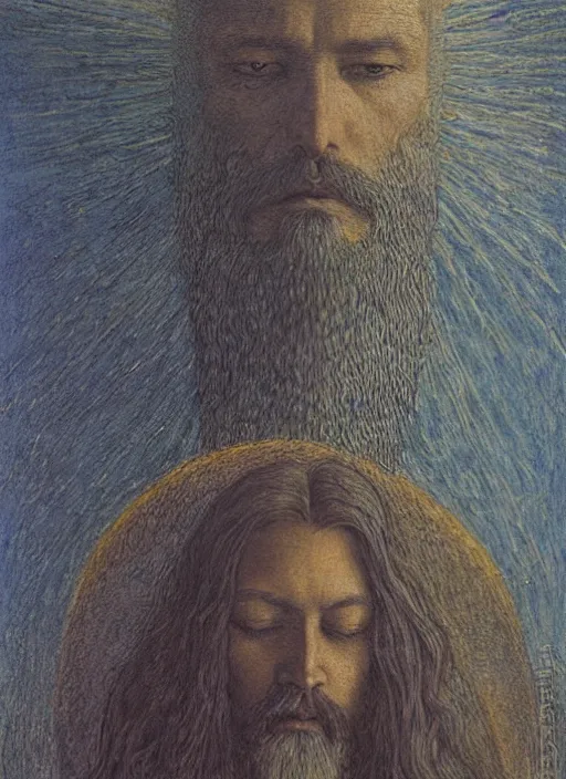 Prompt: portrait of an unkle blue moon with long black hair and beard, by jean delville