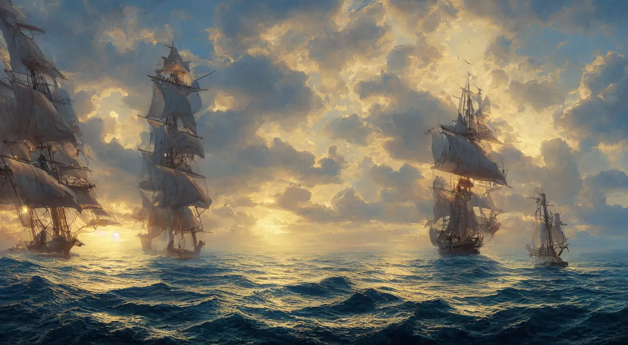 Prompt: detailed oil painting of galleon sailing towards the rising sun, calm ocean, sunset lighting, clear blue sky, hyperdetailed unreal engine 8 k ultra hd, stanley artgerm lau, rossdraws, james jean marc simonetti ruan jia and mandy jurgens and artgerm and william illustration, digital art, concept art