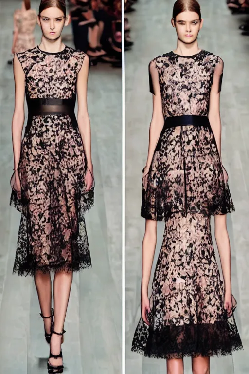 Image similar to valentino 2 0 1 3 spring floral, lace, block patterned, cybernetic avant garde fashion, sheer dress, short skirt, natural outdoors