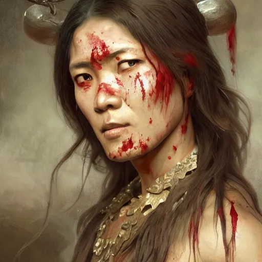 Image similar to portrait painting of a muscular bloodied nepali female butcher, ultra realistic, concept art, intricate details, eerie, highly detailed, photorealistic, octane render, 8 k, unreal engine. art by artgerm and greg rutkowski and alphonse mucha