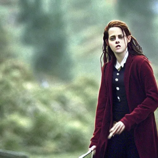 Prompt: film still of kristen stewart as hermione grainger in harry potter ( 2 0 0 1 )