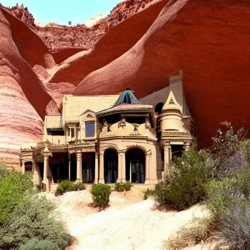 Prompt: a large, victorian mansion covered in sand in a humongous canyon. surreal, dream like