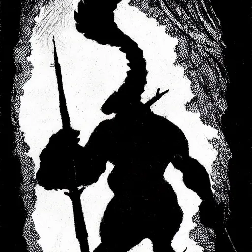 Prompt: Silhouette of a fishman holding a spear in a dark cave. D&D. Pen and ink. Black and white. Mike Mignola.