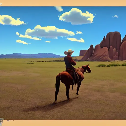 Image similar to cowboy on the range, beautiful New Mexico landscape, Art Deco, animation, cel-shading, toon shading, unity, 8k, 4k