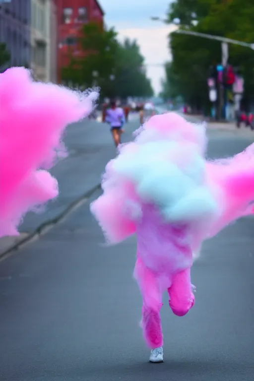 Image similar to a man made out of cotton candy running down the street, 4k, high quality
