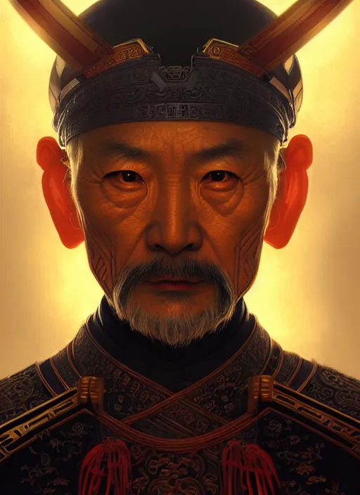 Image similar to symmetry!! portrait of old chinese warrior, tech wear, glowing lights!! intricate, elegant, highly detailed, digital painting, artstation, concept art, smooth, sharp focus, illustration, art by artgerm and greg rutkowski and alphonse mucha