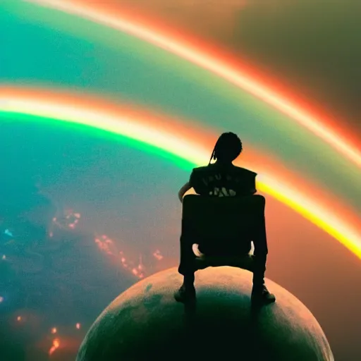 Prompt: Travis Scott sitting on a chair floating over Earth, 4k, Aubrey Powell, vintage photo, lens flare, beautiful cinematography, rainbow surreal, film grain