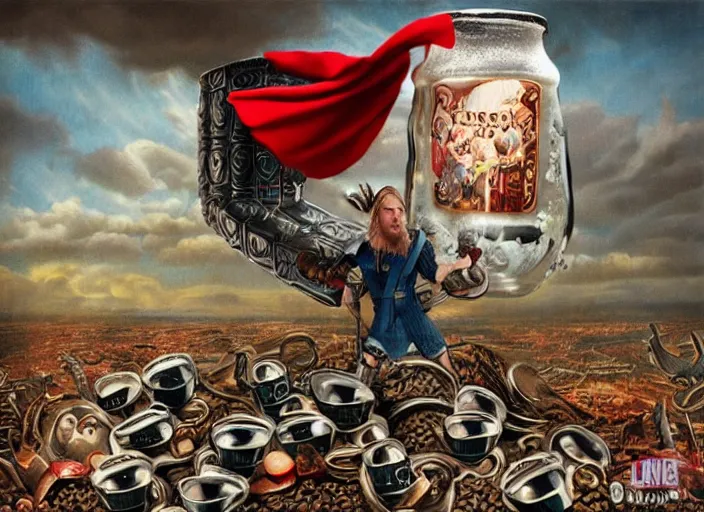 Prompt: thor inside a beer, lowbrow, matte painting, 3 - d highly detailed, in the style of mark ryden,