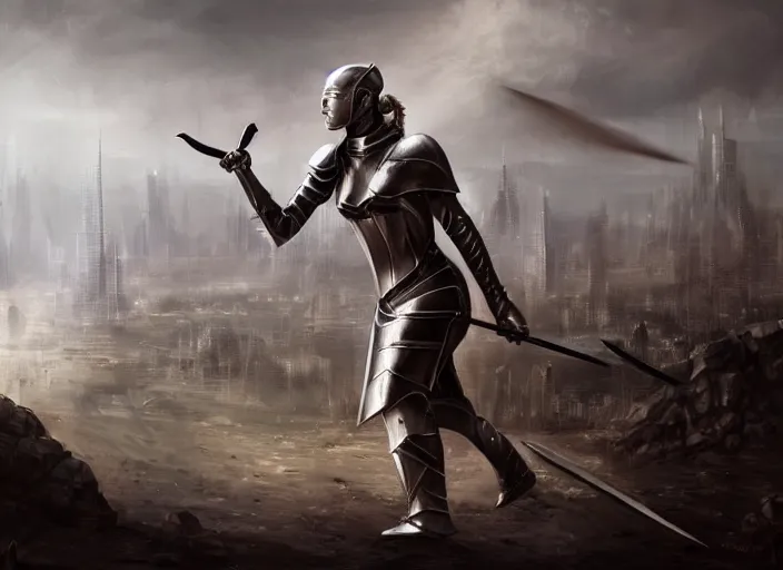 Image similar to landscape of a future city, a young english woman between the ages of 2 0 - 2 5 years, wearing armor and pointing a dagger, wearing a face full of anger. cinematic capture, dramatic condition, fine art, modern realism, sharp focus, good lighting, trending on artstation, trending on tiktok, smooth drawing, elegant, authoritative, without anomalies.