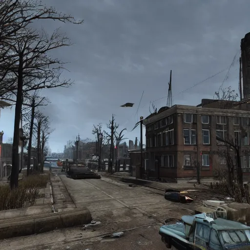 Prompt: De Dam in Amsterdam in ruins post-nuclear war in Fallout 4, in game screenshot