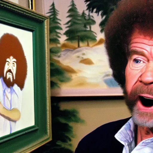 Prompt: Bob ross raging at a painting
