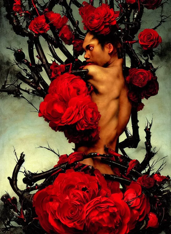 Prompt: black cyborg in a red puffy dress stands on a liquid boiling red wax from which bones and branches stick out, many birds and roses fly around, a dark background, full height view, wide angle, epic, oil painting in a renaissance style , very detailed, painted by Caravaggio, Greg rutkowski, Sachin Teng, Thomas Kindkade, Norman Rockwell, Tom Bagshaw.