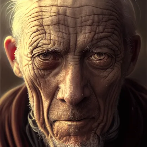 Image similar to portrait painting of a post - apocalyptic blind older american man wearing monk garbs, ultra realistic, concept art, intricate details, eerie, highly detailed, photorealistic, octane render, 8 k, unreal engine. art by artgerm and greg rutkowski and charlie bowater and magali villeneuve and alphonse mucha