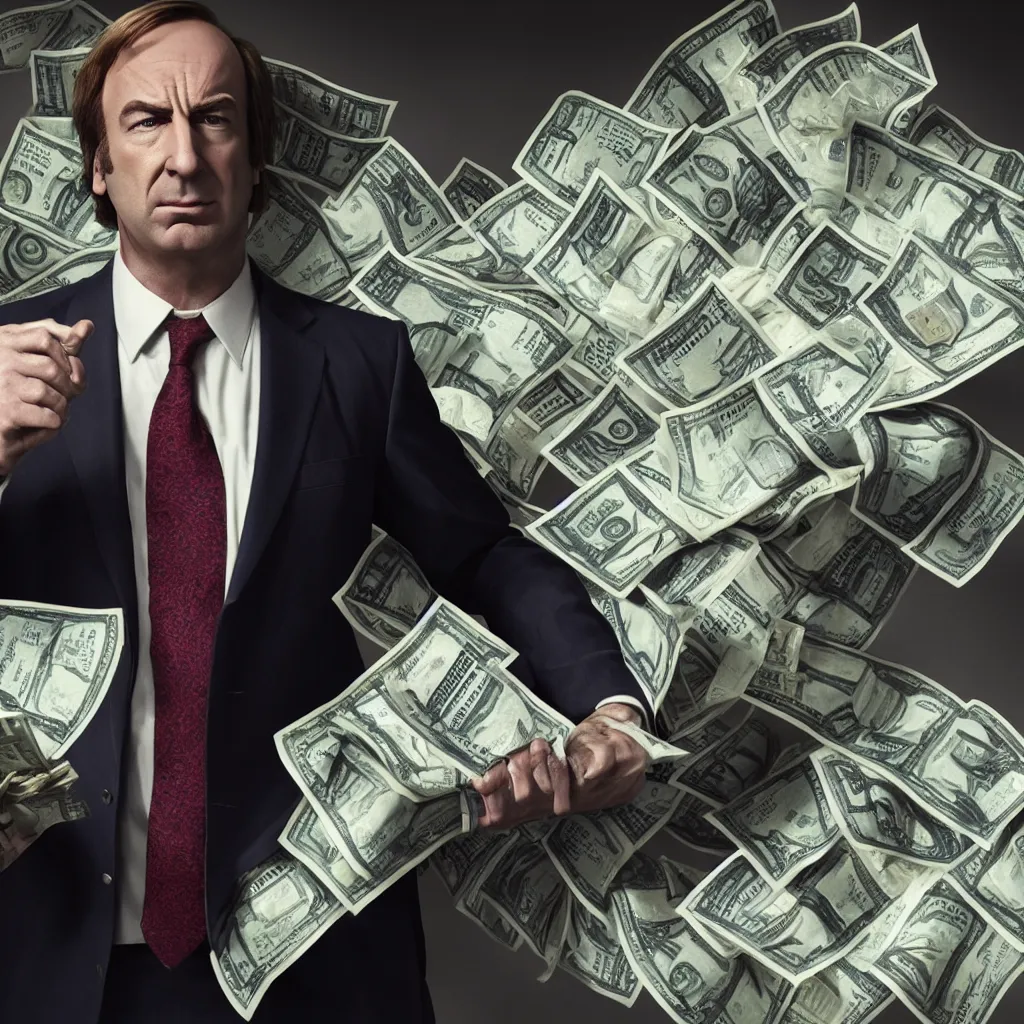 Prompt: saul goodman, better call saul, swimming in money, photo, 4 k