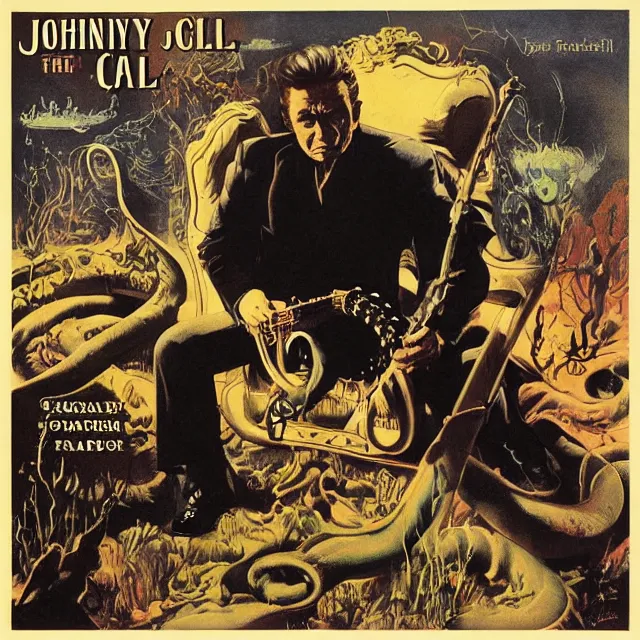 Image similar to album cover for Johnny Cash: The Snake Oil Tapes, album art by Frank Frazetta, snake oil album, snakes