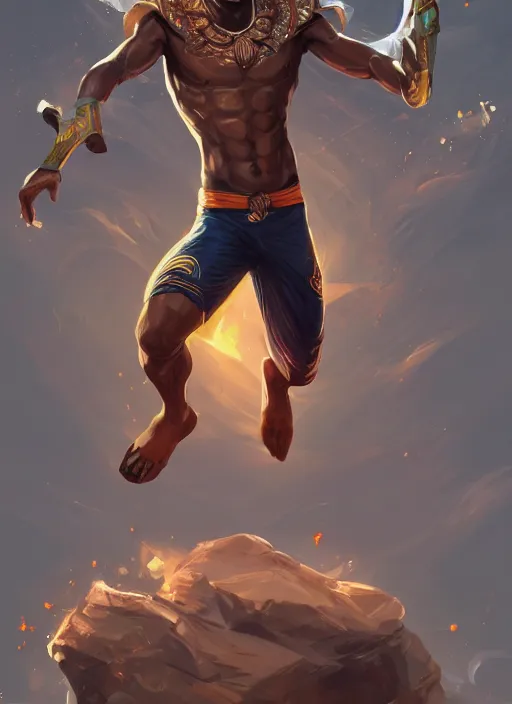 Image similar to a highly detailed illustration of attractive young african fire god with flat top hair, wearing track and field suit, heroic jumping pose, intricate, elegant, highly detailed, centered, digital painting, artstation, concept art, smooth, sharp focus, league of legends concept art, wlop