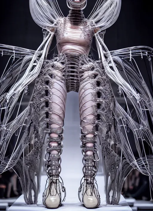 Prompt: walking down the catwalk, show, stage, vogue photo, podium, fashion show photo, historical baroque dress, iris van herpen, beautiful woman, full body shot, masterpiece, inflateble shapes, alien, giger, plant predator, guyver, jellyfish, wires, veins, white biomechanical details, wearing epic bionic cyborg implants, highly detailed