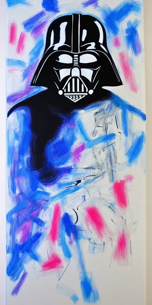 Prompt: abstract painting of darth vader thin scribble on white canvas, blue and pink shift, martha jungwirth sketch, drawn by yves tanguy, oil on canvas, thick impasto