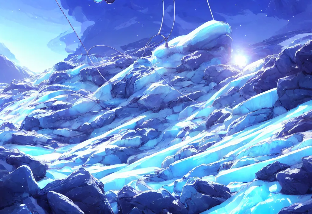 Image similar to futuristic electric pole and chunky wires on a glacier, ice, rocks, snowfall, intricate oil painting, high detail illustration, sharp high detail, manga and anime 1 9 9 9, official fanart behance hd artstation by jesper ejsing and makoto shinkai, 4 k,