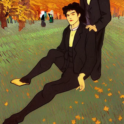 Image similar to painting of young cute handsome beautiful dark medium wavy hair man in his 2 0 s named shadow taehyung and cute handsome beautiful min - jun together at the graveyard party, ghostly, haunted gravestones, ghosts, autumn! colors, pretty, elegant, wearing suits!, clothes!, delicate facial features, art by alphonse mucha, vincent van gogh, egon schiele