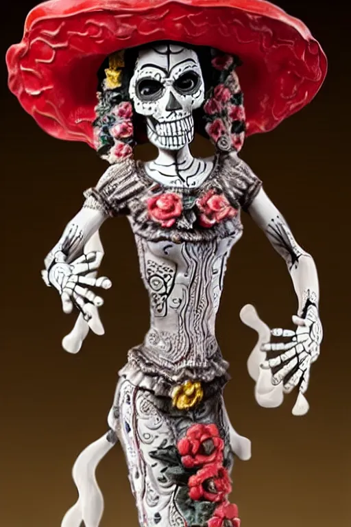 Prompt: intricate and detailed dancing Mexican La Catrina statue made on embossed polished clay by Antonio Corradini