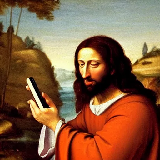 Prompt: a renaissance oil painting of jesus holding a smartphone