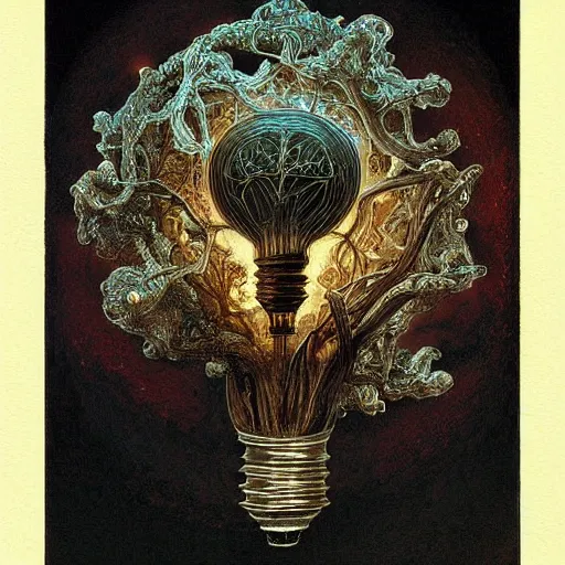 Image similar to light bulb extremely detailed painting by Gerald Brom and Ernst Haeckel and Greg Rutkowski