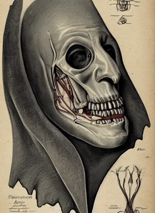 Prompt: vintage medical anatomical illustration of nosferatu head, highly detailed, labels, intricate writing