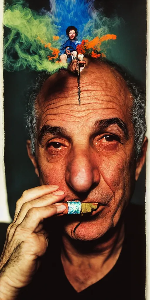 Image similar to award winning photo of MOSHE COHEN smoking weed, vivid colors, happy, symmetrical face, beautiful eyes, studio lighting, wide shot art by Sally Mann & Arnold Newman