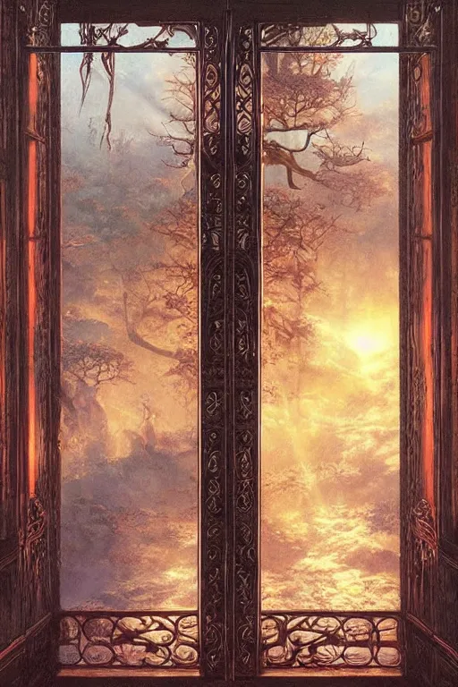 Image similar to large rustic intricately decorated wooden double door, metal handles, a view to a fantasy world, ethereal back light, mist, coherent composition, fantasy painting by noriyoshi ohrai, yuumei