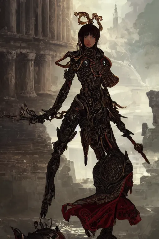 Image similar to portrait knights of Zodiac girl, metallic black and reddish reflected armor, in ruined Agora of Athens, ssci-fi, fantasy, intricate, very very beautiful, elegant, highly detailed, digital painting, artstation, concept art, smooth, sharp focus, illustration, art by tian zi and WLOP and alphonse mucha