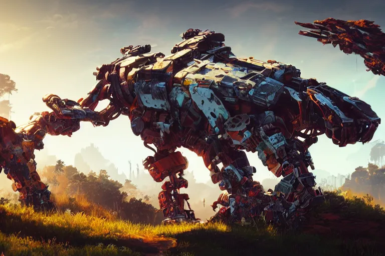 Image similar to scrapper machine mecanical creature robot of horizon forbidden west horizon zero dawn radiating a glowing aura global illumination ray tracing hdr fanart arstation by ian pesty and alena aenami artworks in 4 k