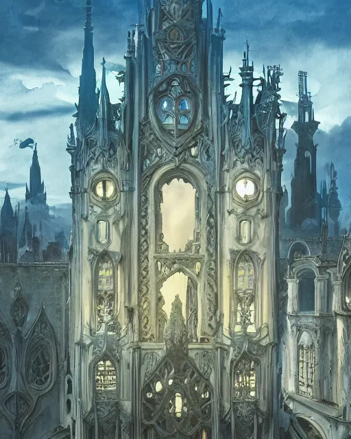 Image similar to haunted gothic castle highly detailed art nouveau rococo architecture detailed matte painting, atmosphere, dramatic lighting, epic composition, close up, low angle, wide angle, by miyazaki, nausicaa ghibli, breath of the wild