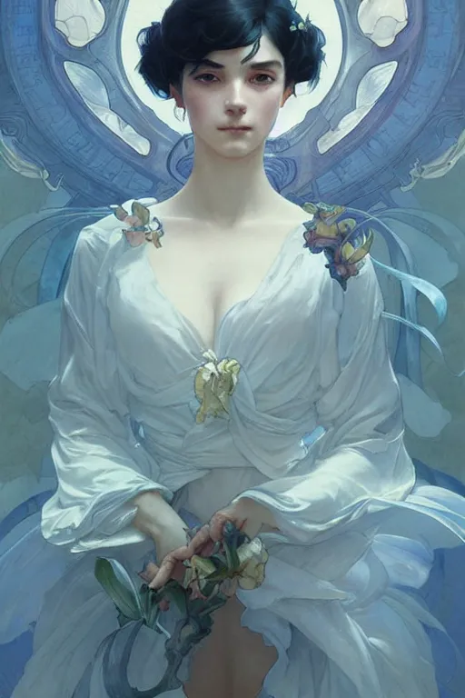 Image similar to perfect blue, dreamy and ethereal,, fantasy, intricate, elegant, highly detailed, digital painting, artstation, concept art, smooth, sharp focus, illustration, art by artgerm and greg rutkowski and alphonse mucha