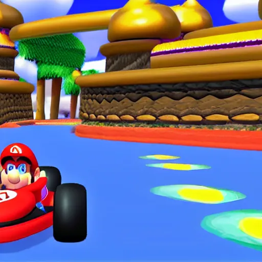 Prompt: A Mario Kart Double Dash Custom Track on princess peach beach volleyball course. gamecube graphics.