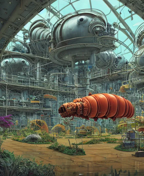 Image similar to inflated industrial plant made from isopod lobster octopus, in the style of spaceship, overgrown with orchids, partly cloudy, somber, dramatic lighting, by geof darrow, bill sienkiewicz, dan mumford, yusuke murata, makoto shinkai, ross tran, cinematic, unreal engine, cel shaded, featured on artstation, pixiv