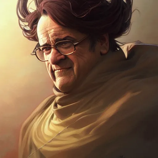 Image similar to SSJ3 Danny DeVito, western, D&D, fantasy, intricate, elegant, highly detailed, digital painting, artstation, concept art, matte, sharp focus, illustration, art by Artgerm and Greg Rutkowski and Alphonse Mucha