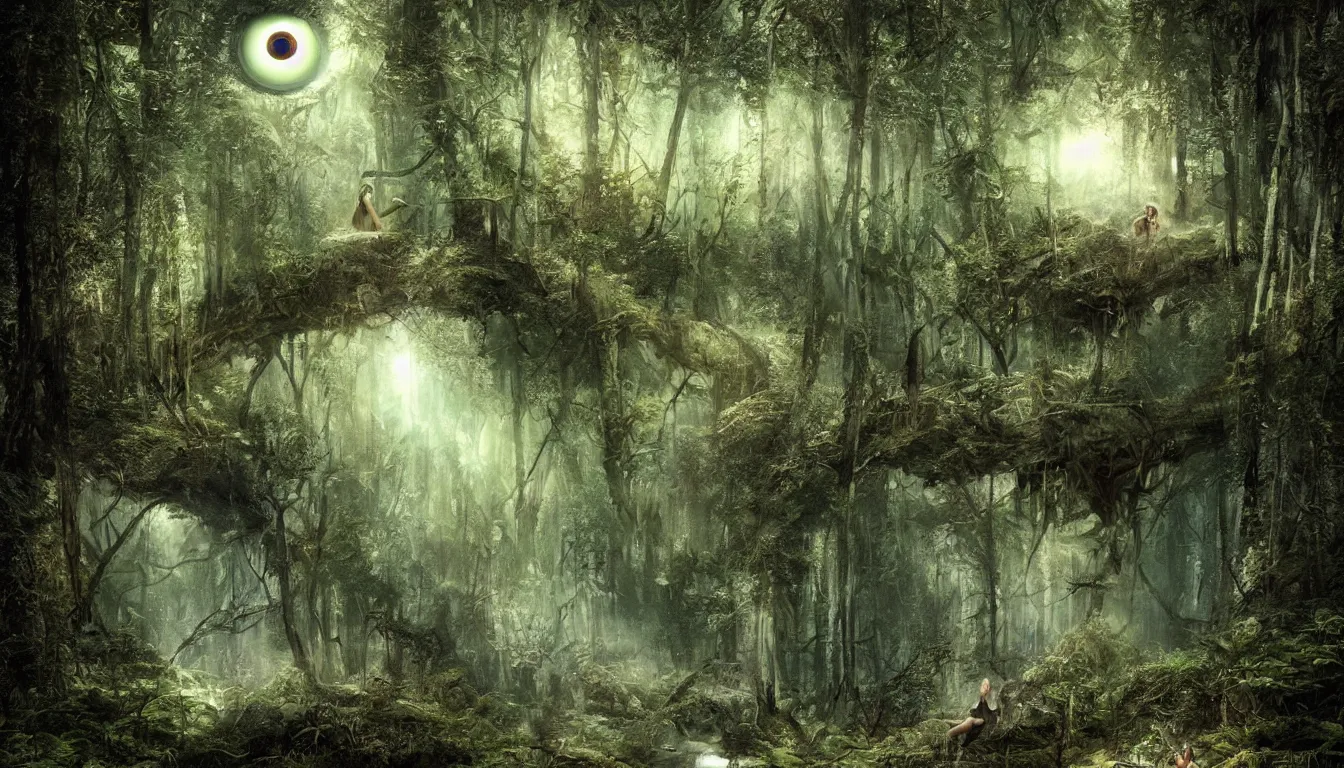 Image similar to a big eye floats above the ground in a dense forest, illustration by john taylor dismukes and dave lafleur, luis royo, smooth shading, ultra detailed, high resolution, cinematic, chrome art, rich deep colors, unreal 6